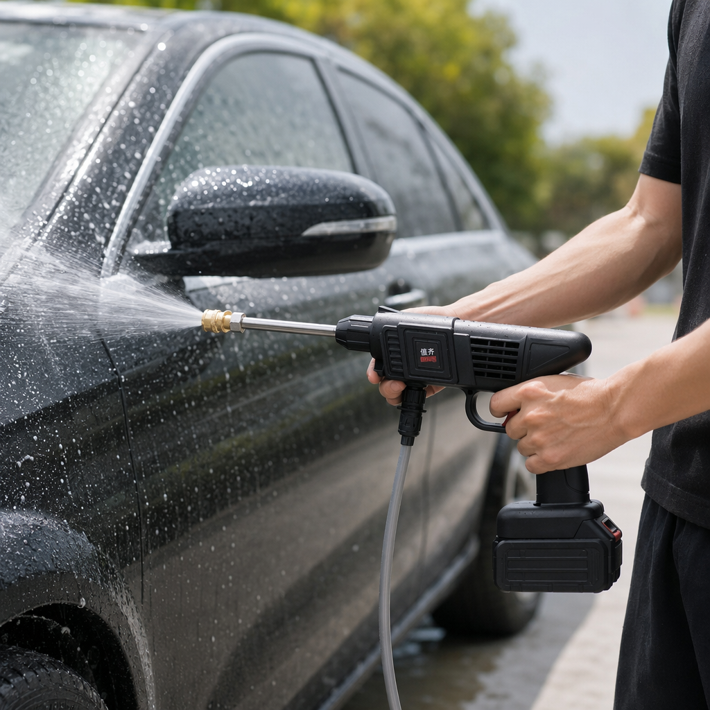 Black lithium battery wireless car wash machine with golden nozzles and black hard storage box details Picture