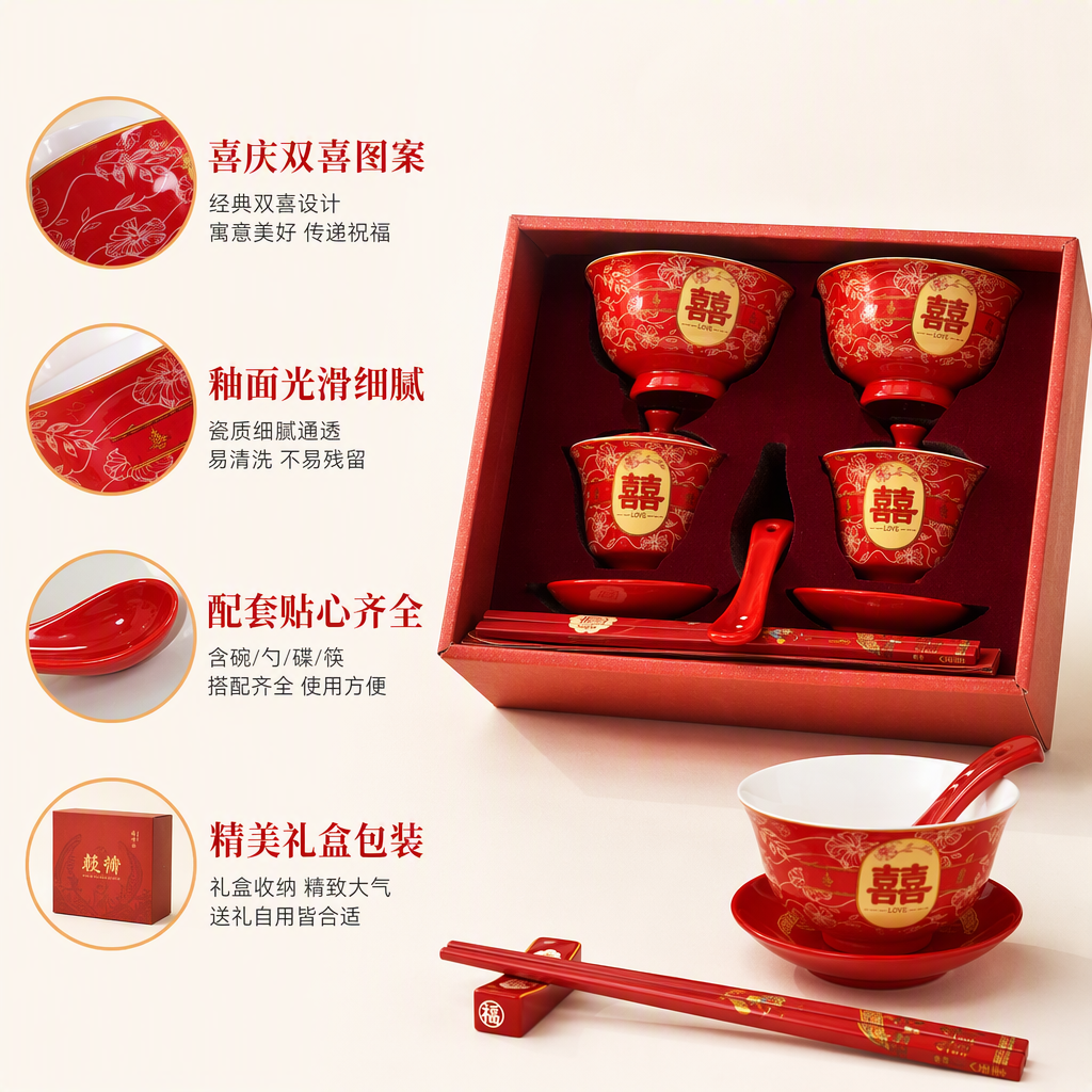 Red festive ceramic tableware set, home Chinese-style wedding bowls, plates and tea sets gift box