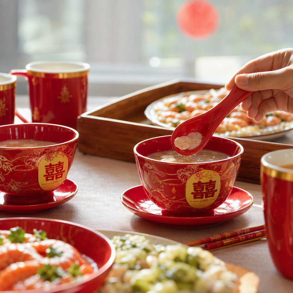 Red festive ceramic tableware set, home Chinese-style wedding bowls, plates and tea sets gift box details Picture