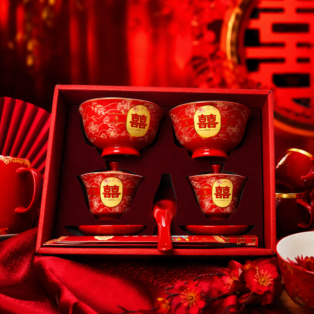 Red festive ceramic tableware set, home Chinese-style wedding bowls, plates and tea sets gift box Specification image