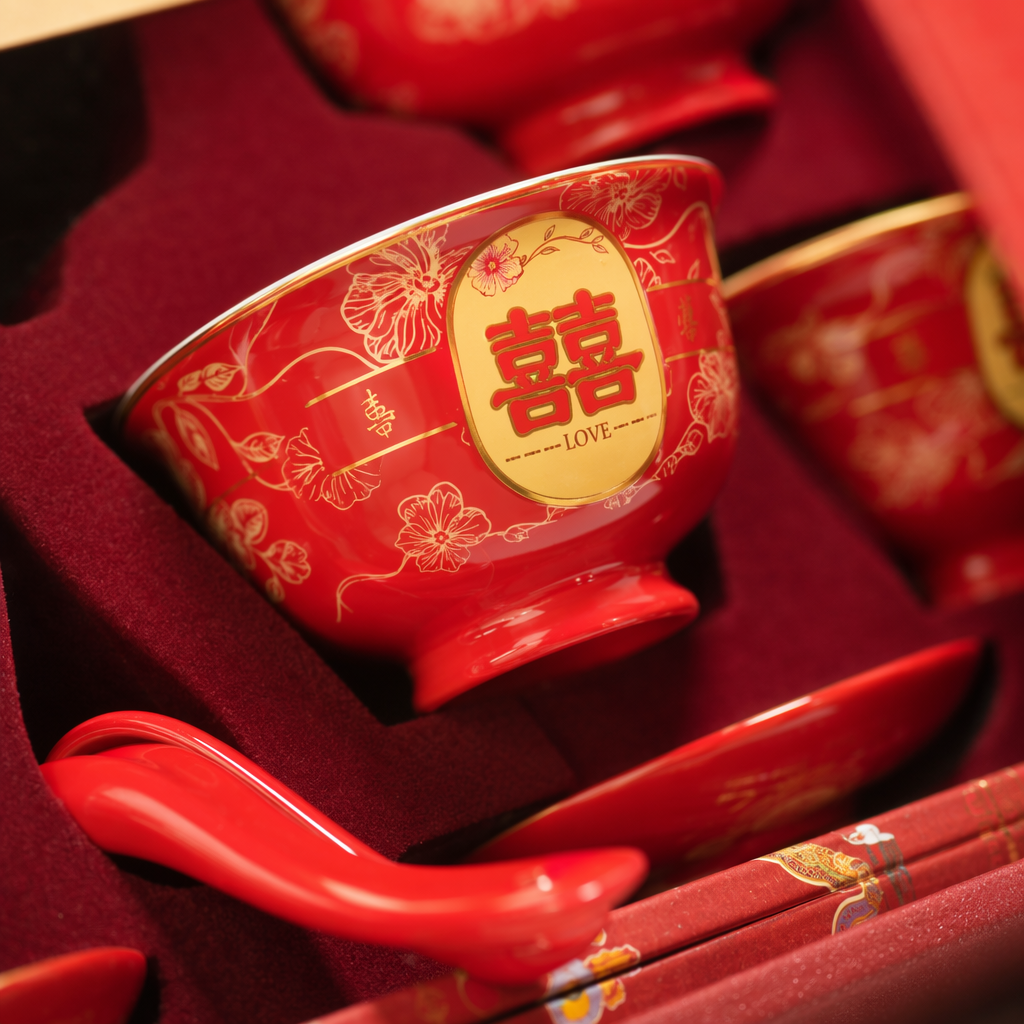 Red festive ceramic tableware set, home Chinese-style wedding bowls, plates and tea sets gift box Application Scenario
