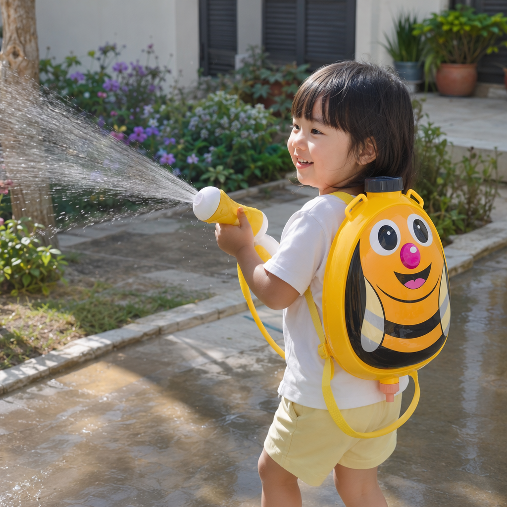 Yellow bee-shaped backpack water gun toy, children's summer water play spray gun details Picture