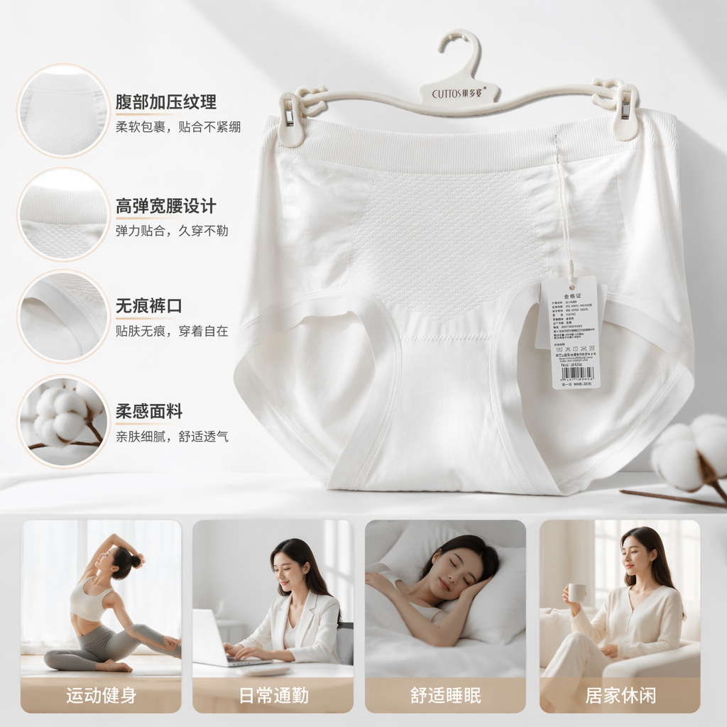 白色女士纯棉内裤 无痕舒适透气均码