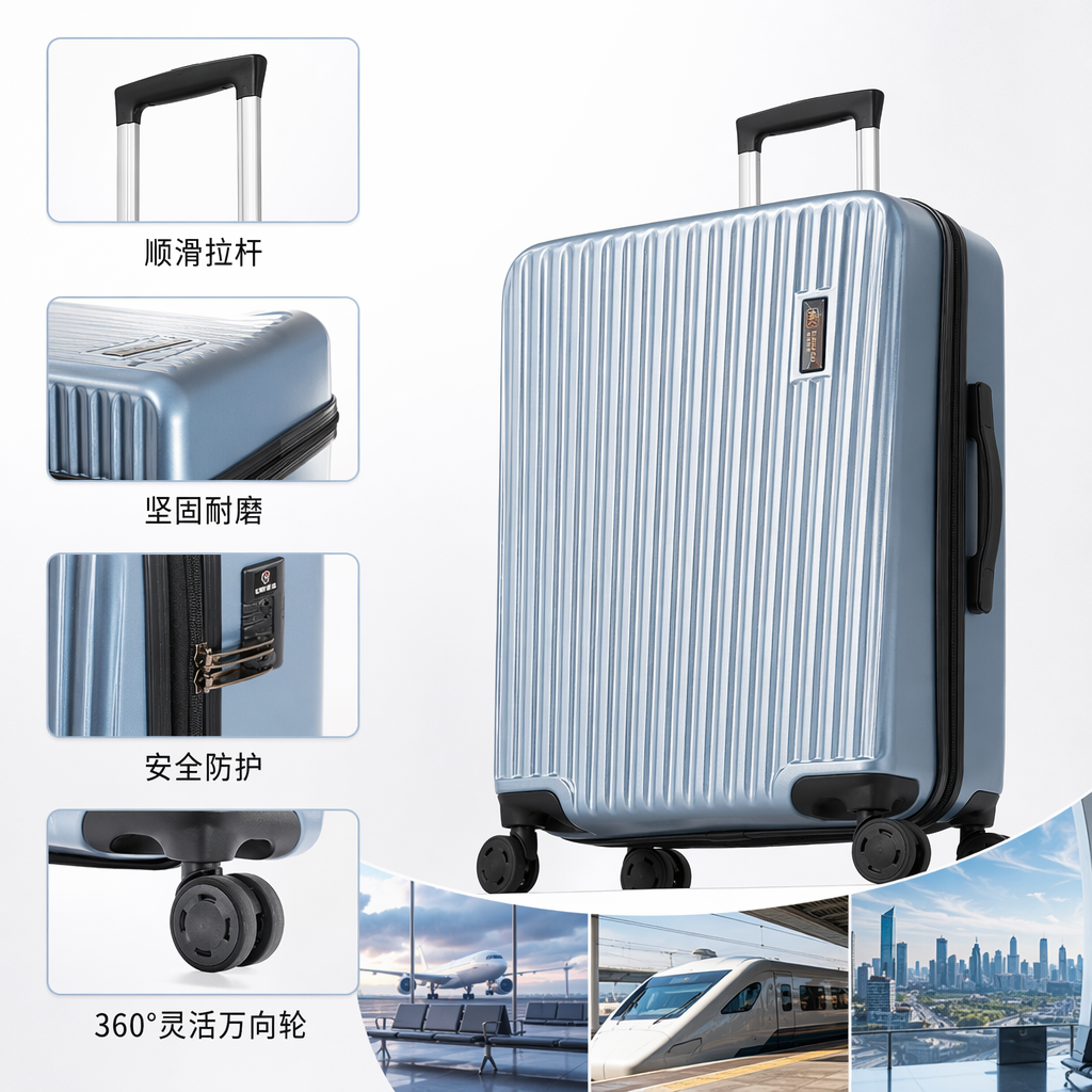 Blue striped lightweight swivel wheel suitcase, 20-inch carry-on case, wear-resistant and silent trolley case