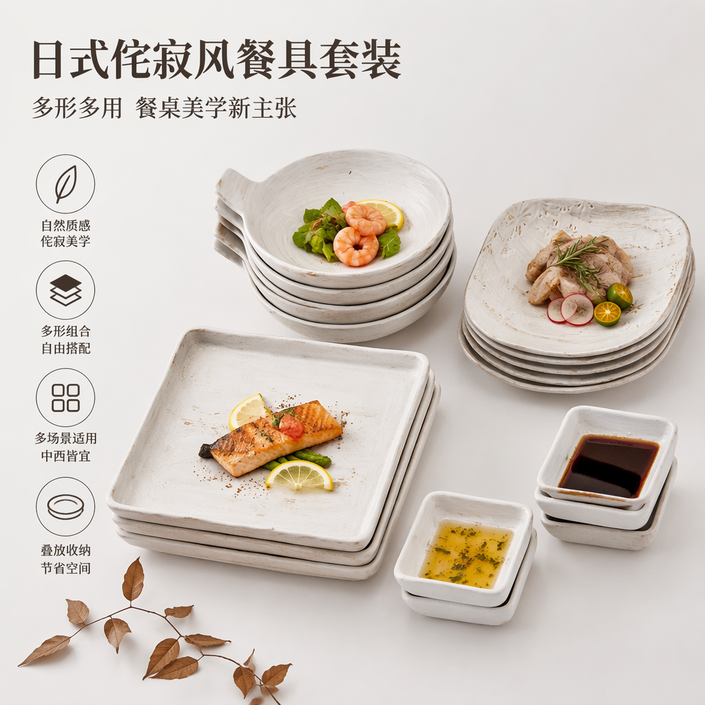 Light-colored ceramic tableware set, a simple home-style combination of bowls, plates, spoons and chopsticks