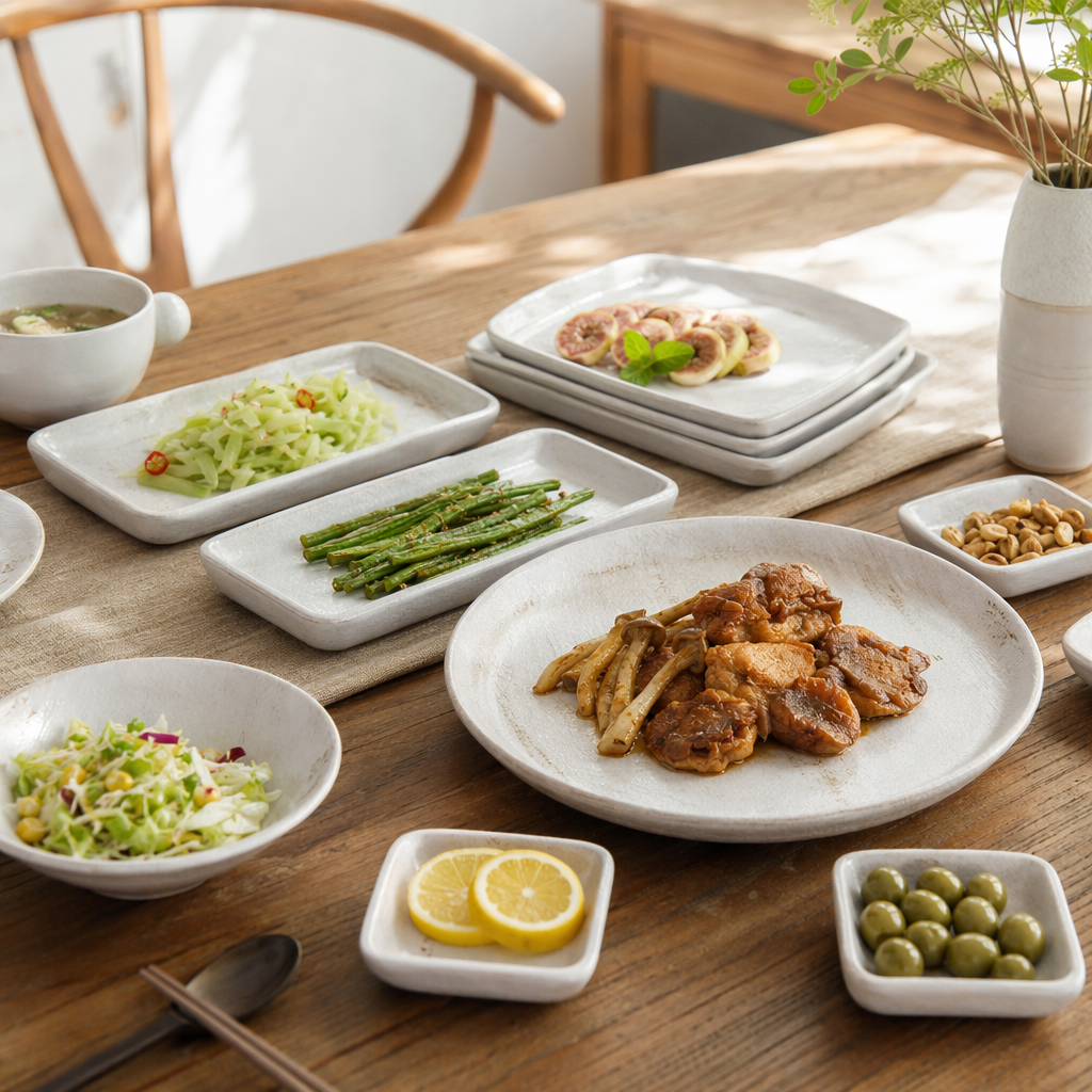 Light-colored ceramic tableware set, a simple home-style combination of bowls, plates, spoons and chopsticks details Picture