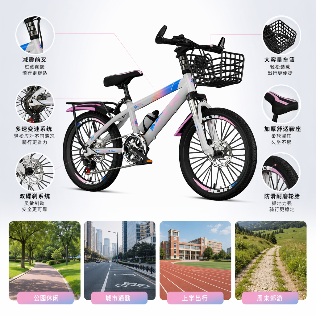 The mountain bike in gray, white, blue and pink colors comes with a front basket, a rear frame and front and rear disc brakes