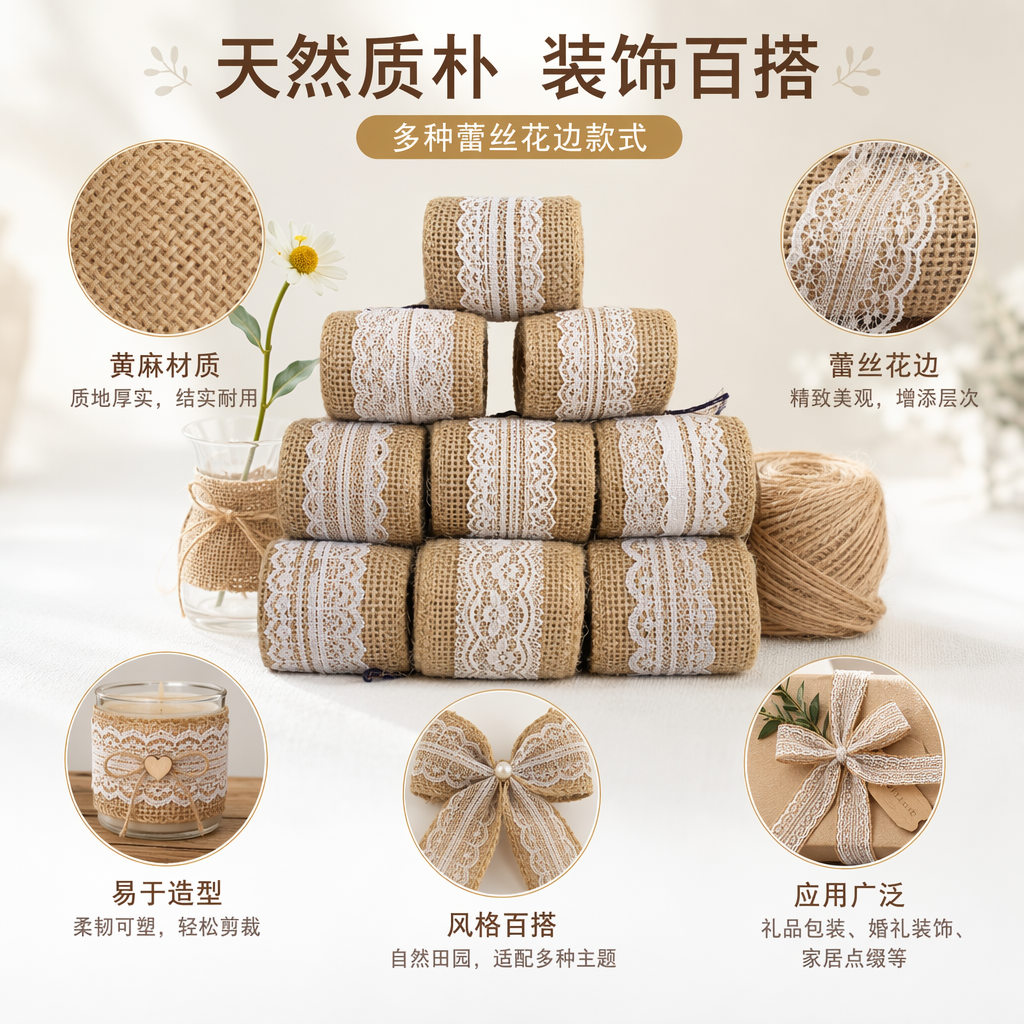 9 rolls of linen lace in transparent plastic bags, light brown background, white lace, green and white beaded with black characters
