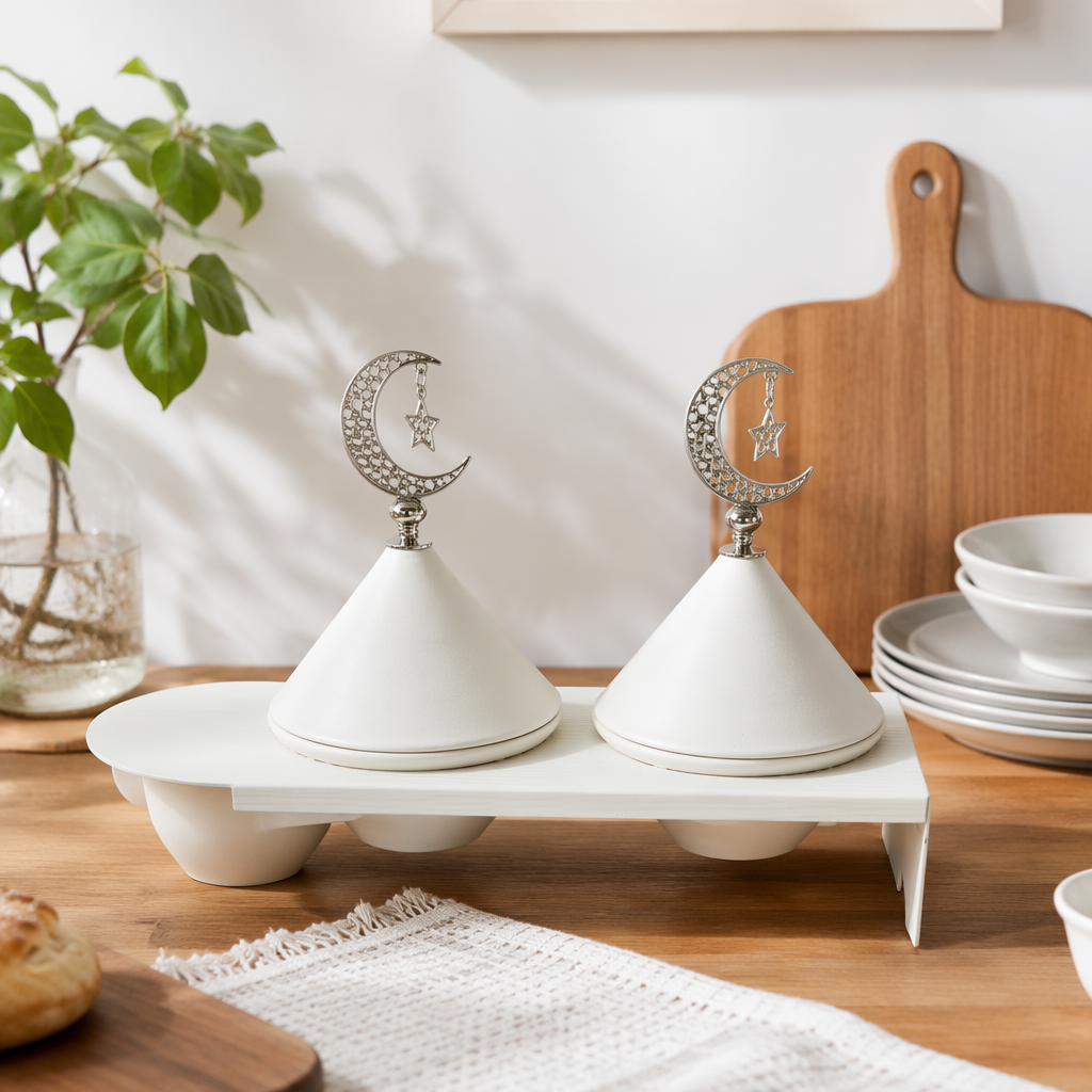 A white double-conical covered bowl ornament with a silver crescent-shaped star-shaped top decoration details Picture