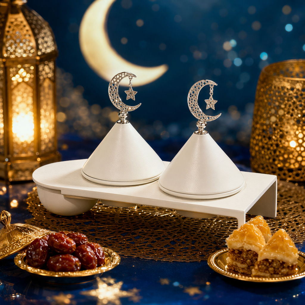 A white double-conical covered bowl ornament with a silver crescent-shaped star-shaped top decoration Specification image