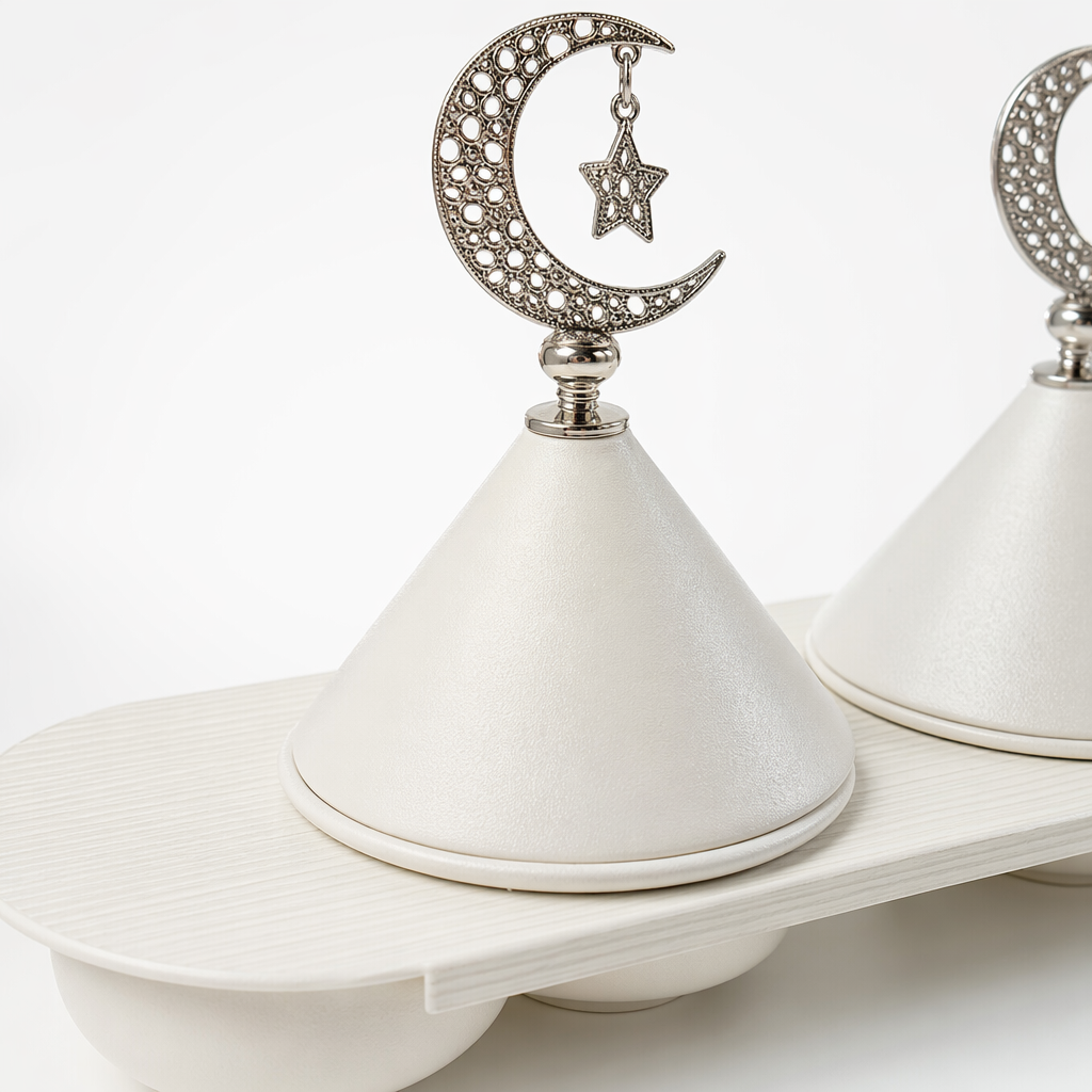 A white double-conical covered bowl ornament with a silver crescent-shaped star-shaped top decoration Application Scenario