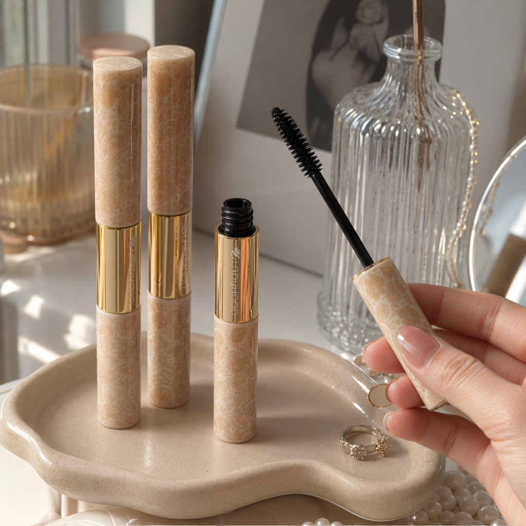 The beige patterned tube mascara is thick, slender, curly and well-shaped without smudging details Picture