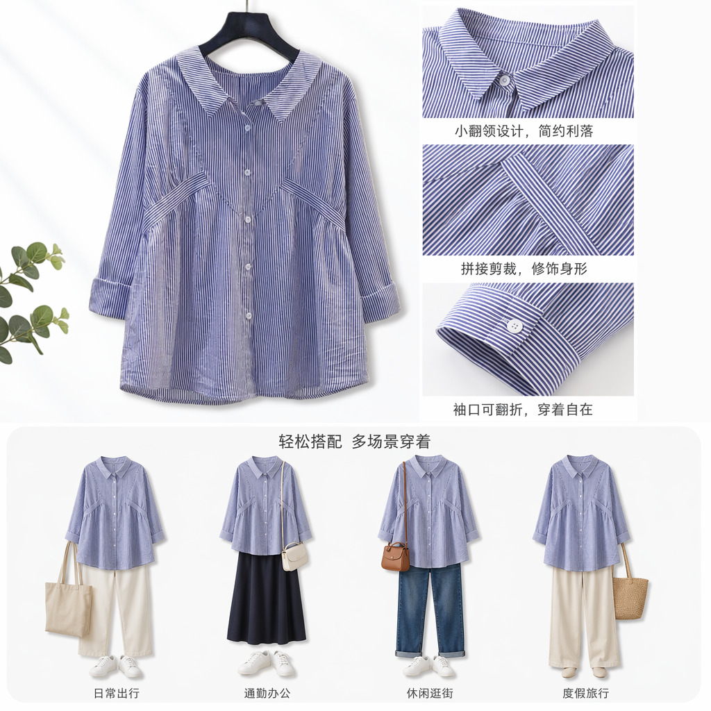 棉衬衣春秋小清新浅蓝色竖条纹衬衫女设计感收腰长袖宽松上衣103707257详情2