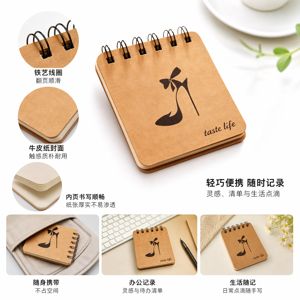 棕色螺旋笔记本 封面高跟鞋图案 taste life字样