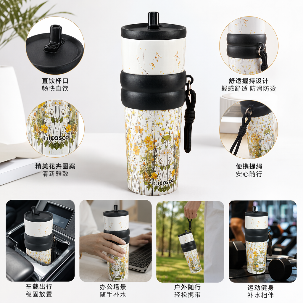 花卉图案保温杯 304不锈钢真空隔热便携水杯