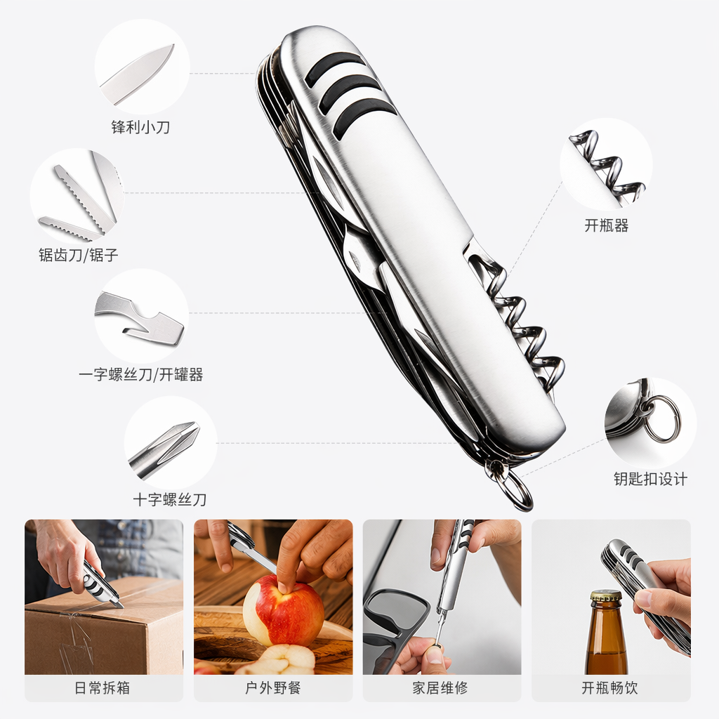 银色合金多功能折叠刀防滑手柄户外露营随身携带