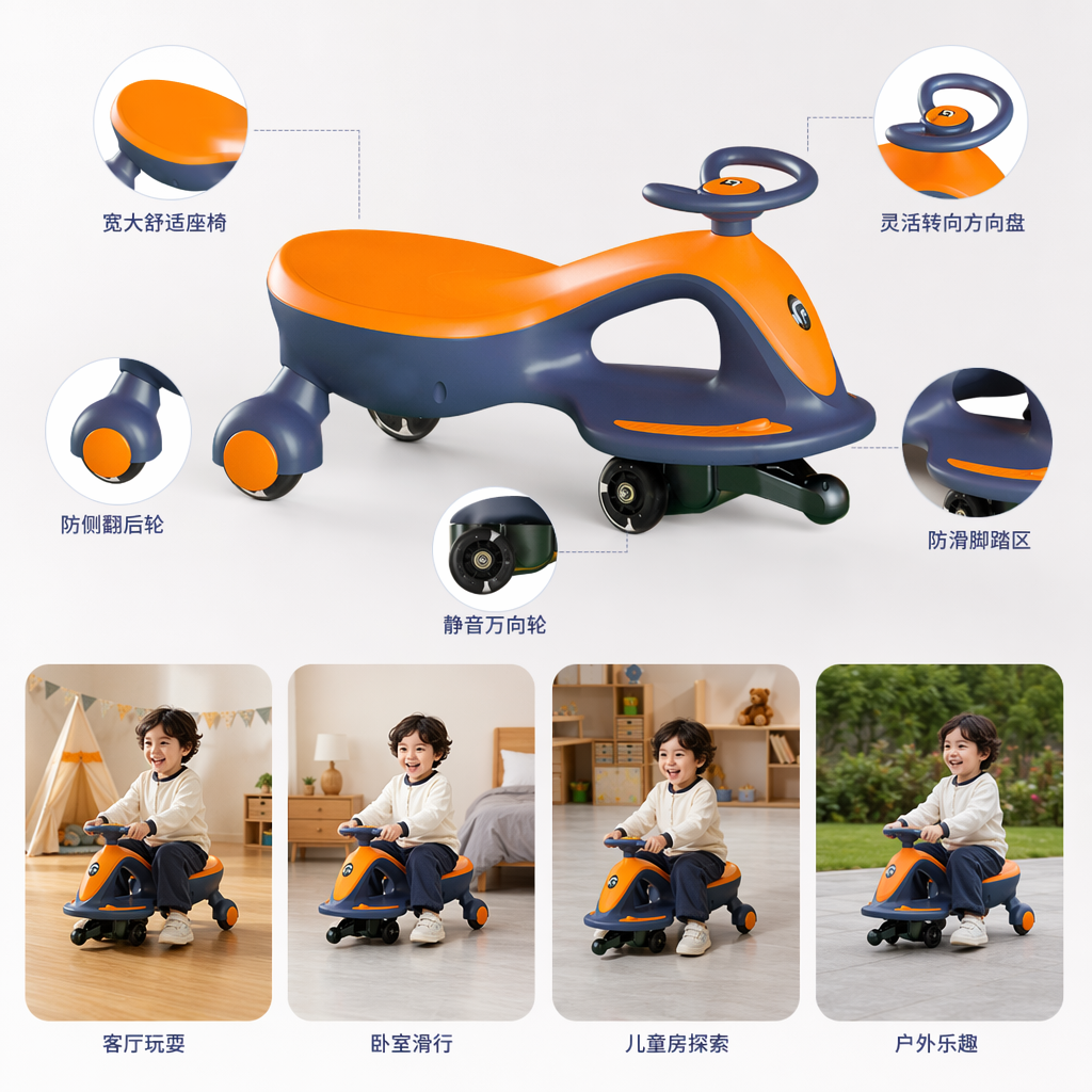 Mother and baby twist car, children's baby walker, adjustable seat, safety and anti-slip children's car