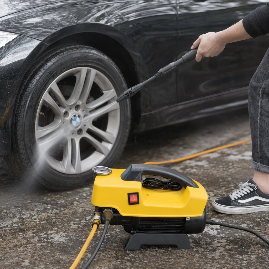 The yellow high-pressure cleaner is a household 220V 150Bar high-power dual-purpose machine for both cold and hot water details Picture