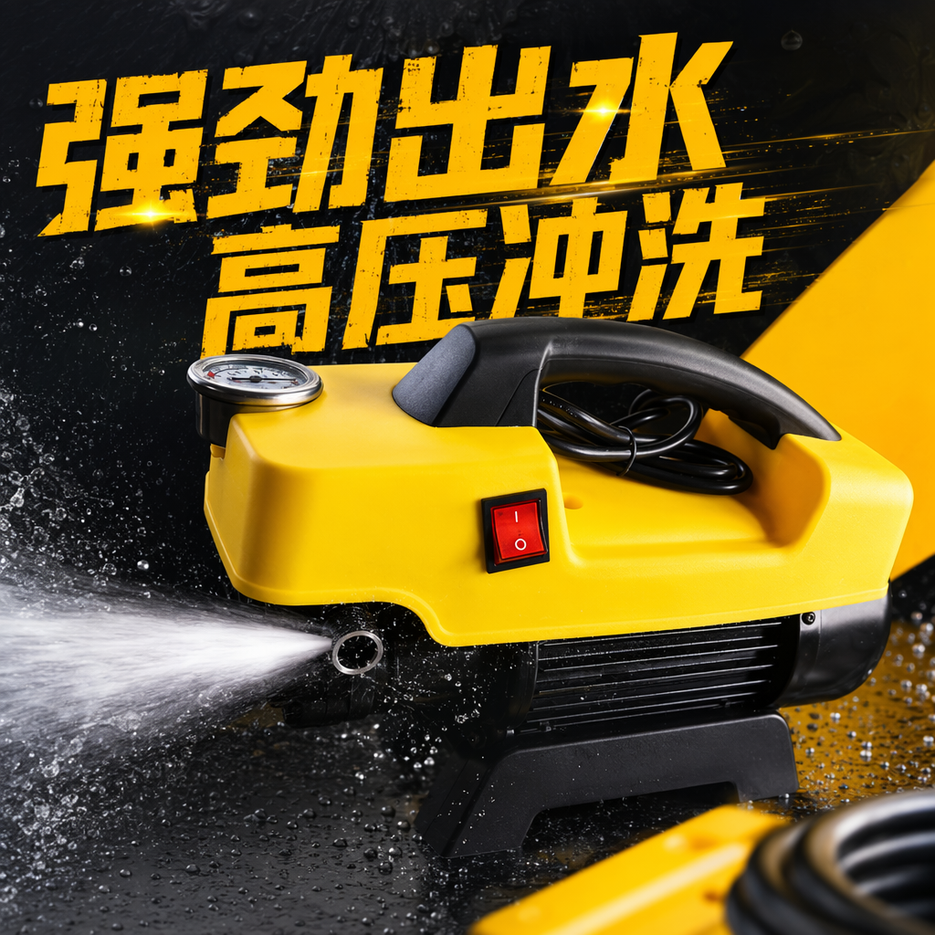 The yellow high-pressure cleaner is a household 220V 150Bar high-power dual-purpose machine for both cold and hot water Specification image