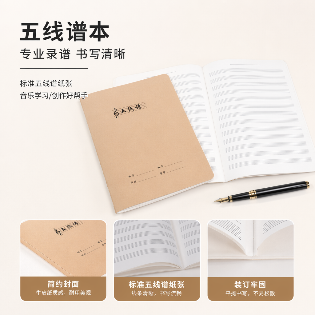 The inner page of the brown staff notebook, the staff cover, the treble clef, name, class, student number, green potted plant, and white keyboard