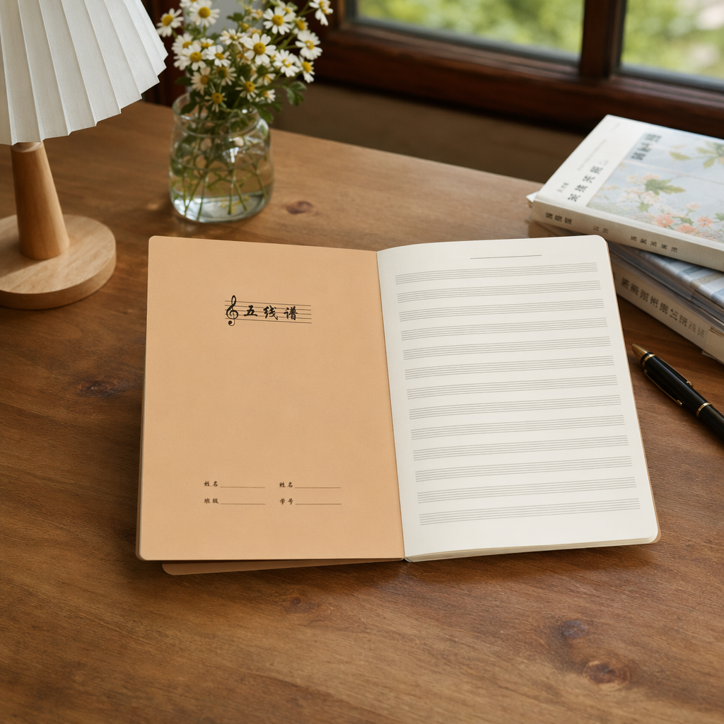 The inner page of the brown staff notebook, the staff cover, the treble clef, name, class, student number, green potted plant, and white keyboard details Picture