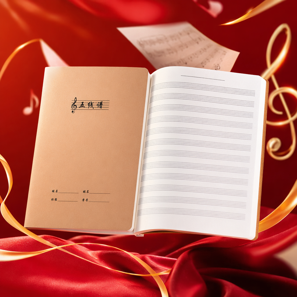 The inner page of the brown staff notebook, the staff cover, the treble clef, name, class, student number, green potted plant, and white keyboard Specification image