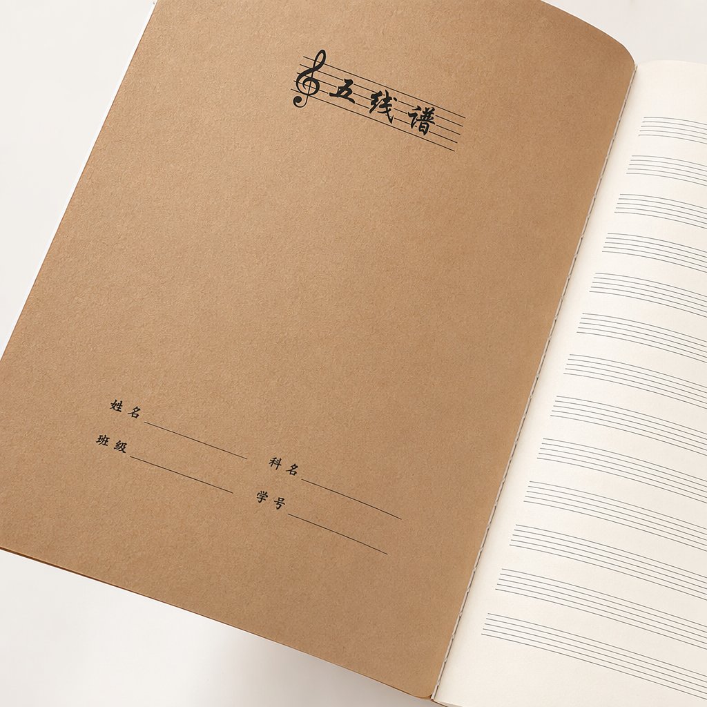 The inner page of the brown staff notebook, the staff cover, the treble clef, name, class, student number, green potted plant, and white keyboard Application Scenario