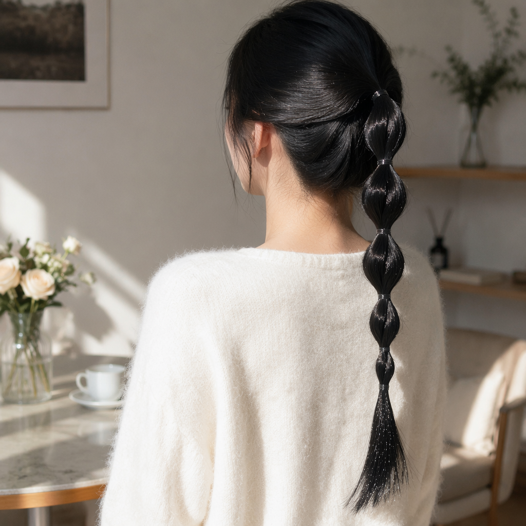 Black ponytail accessory, Korean-style simple hair accessory, simulated hair strands, hair tying tool details Picture