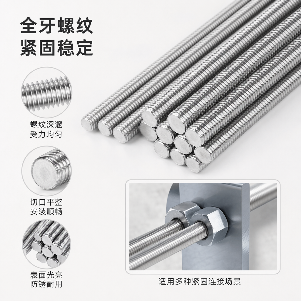 Silver threaded rod, stainless steel external thread screw rod, full-thread fastener, 304 material
