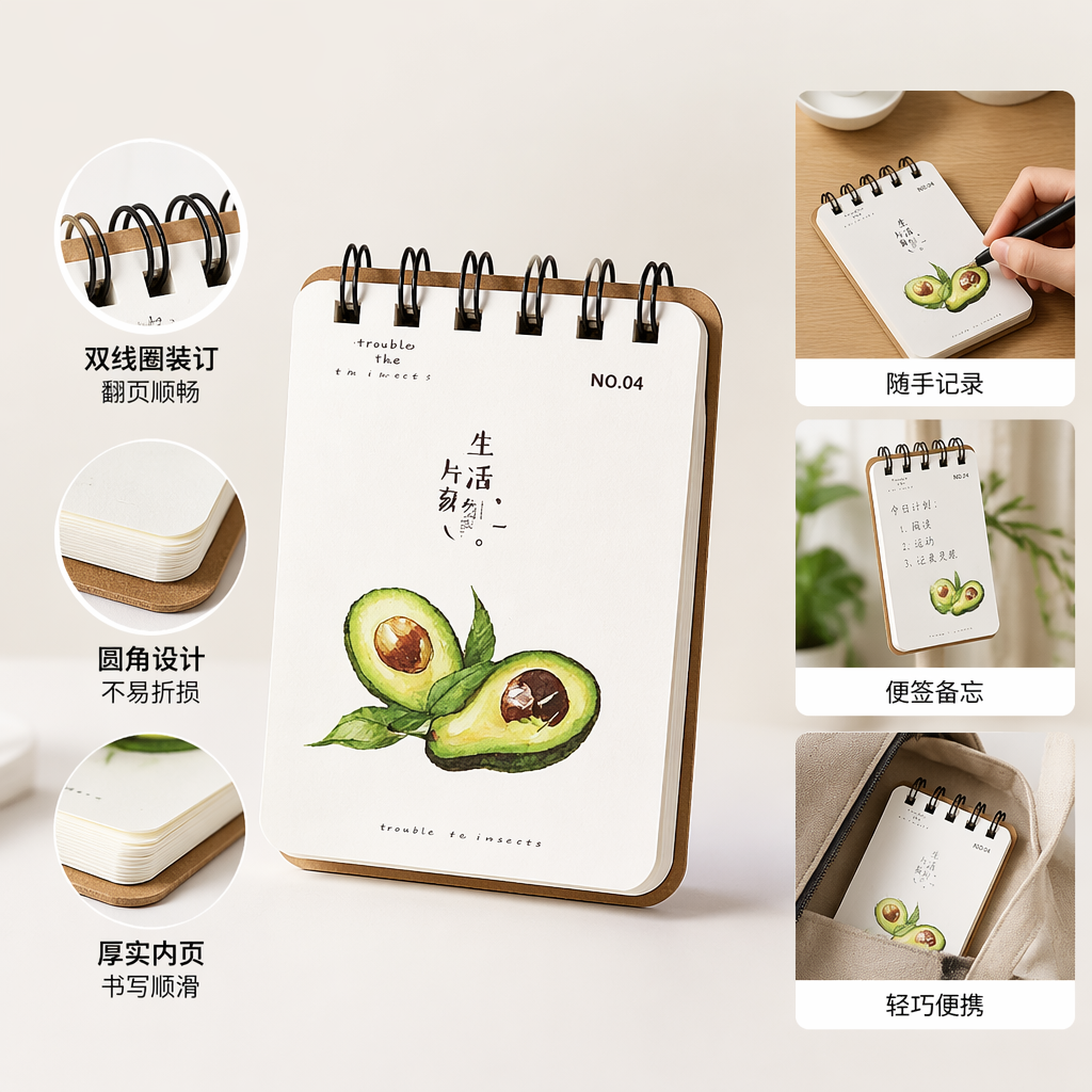 Cuaderno rosa espiral encuadernado aguacate acuarela ilustración portada diseño chino inglés