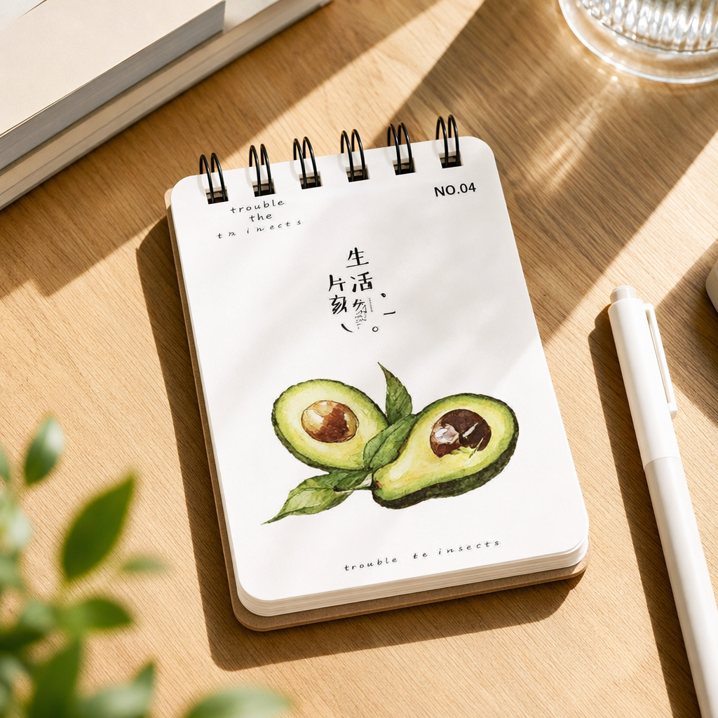 Cuaderno rosa espiral encuadernado aguacate acuarela ilustración portada diseño chino inglés details Picture