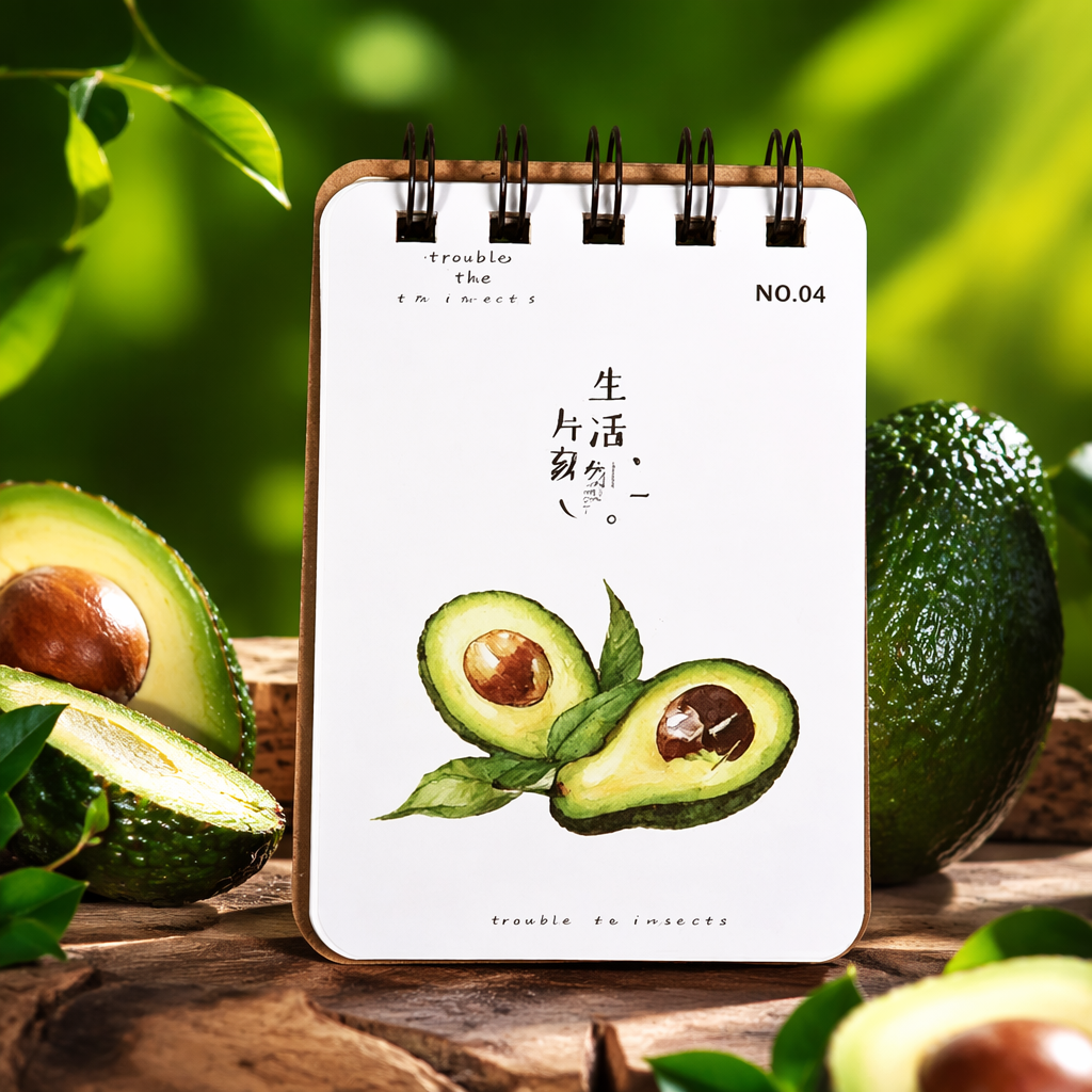 Cuaderno rosa espiral encuadernado aguacate acuarela ilustración portada diseño chino inglés Specification image