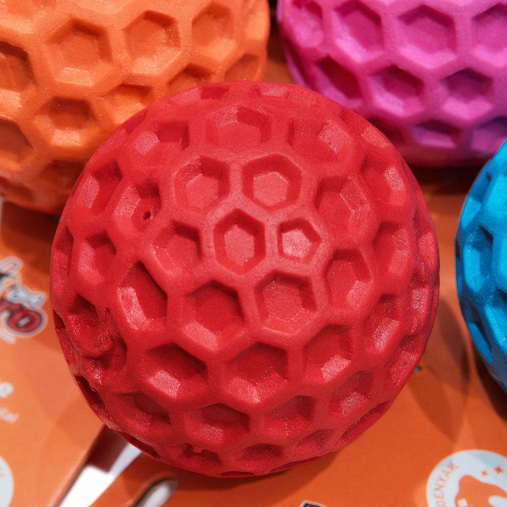 Colorful honeycomb-textured dog toy balls, pet bite resistant and elastic interactive balls Application Scenario