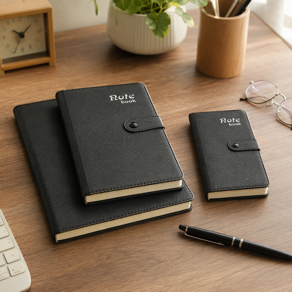Black leather notebook, business and simple A5 diary, genuine leather texture handbook details Picture