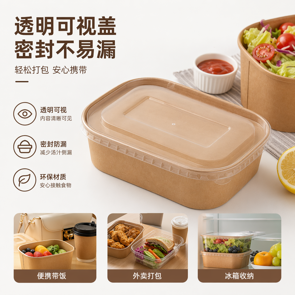 Brown kraft paper lunch box with transparent lid, eco-friendly and degradable disposable takeout packaging box