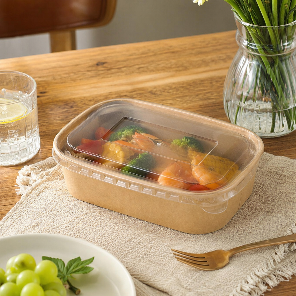 Caja de comida kraft marrón con tapa transparente eco-degradable desechable para llevar caja de embalaje details Picture
