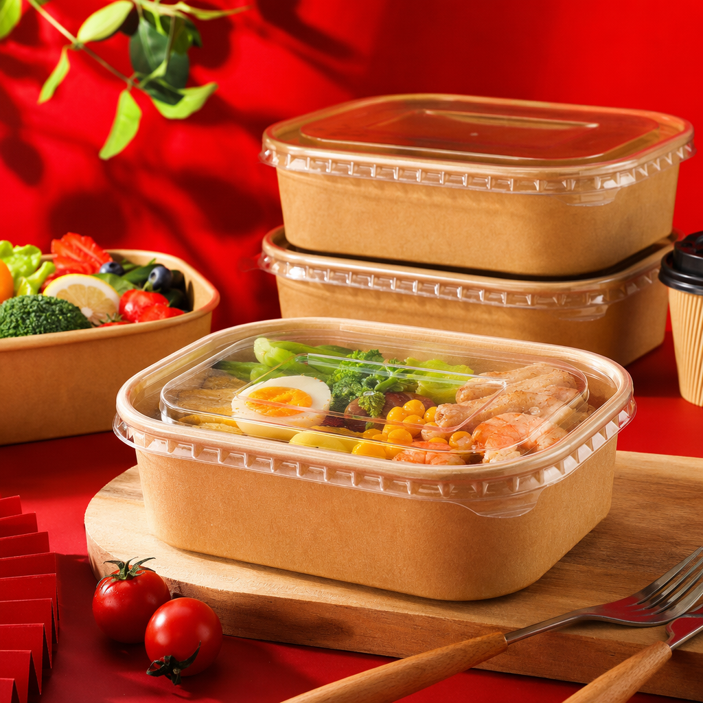 Caja de comida kraft marrón con tapa transparente eco-degradable desechable para llevar caja de embalaje Specification image