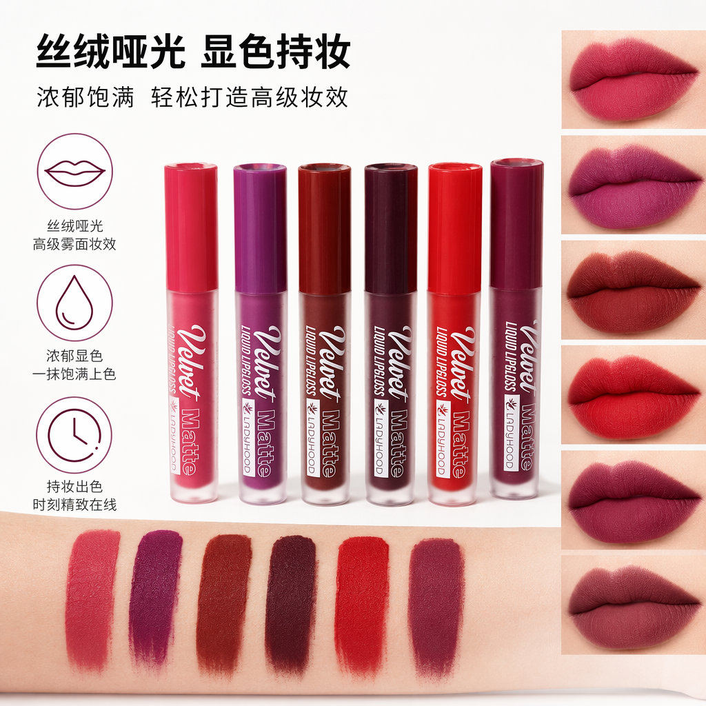 Five colored lip gloss sets, white table display style