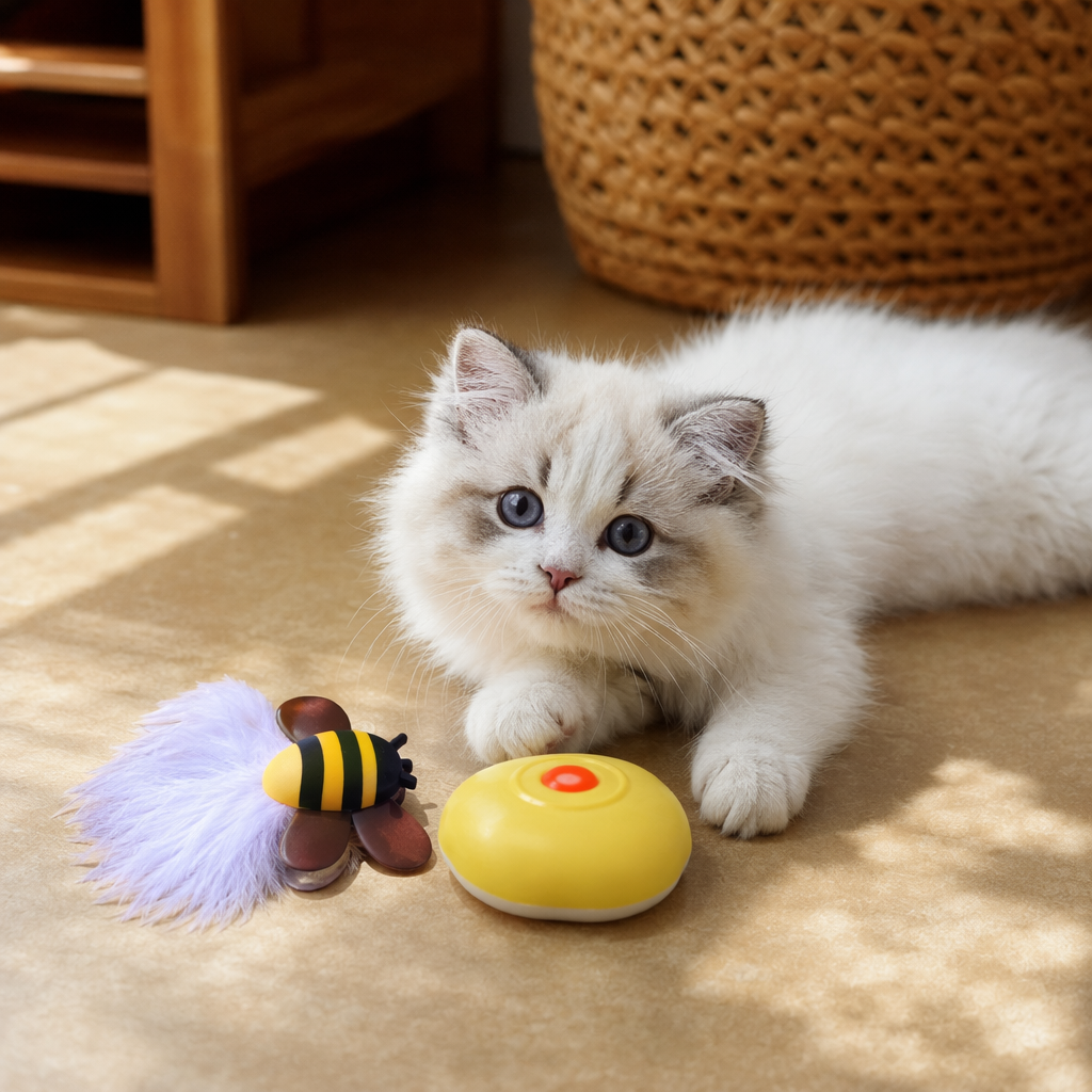 Cute and adorable bee-shaped electric smart cat teaser with a base details Picture