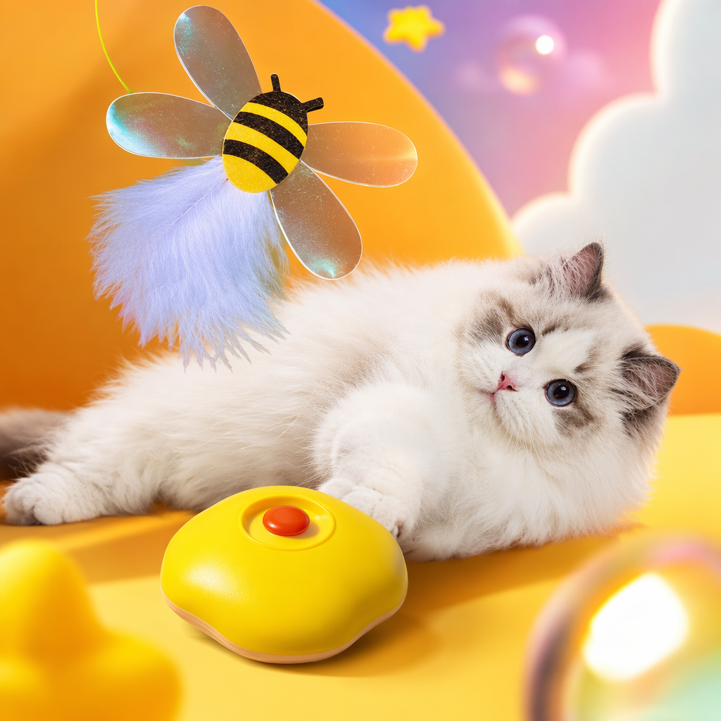 Cute and adorable bee-shaped electric smart cat teaser with a base Specification image