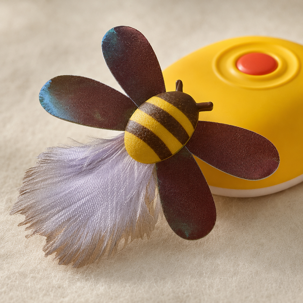 Cute and adorable bee-shaped electric smart cat teaser with a base Application Scenario