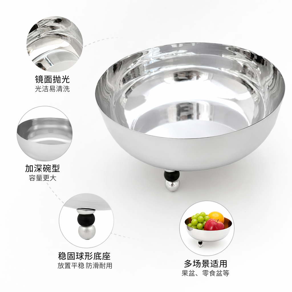 Silver metal bowl, large household stainless steel soup bowl, rice bowl, kitchen tableware