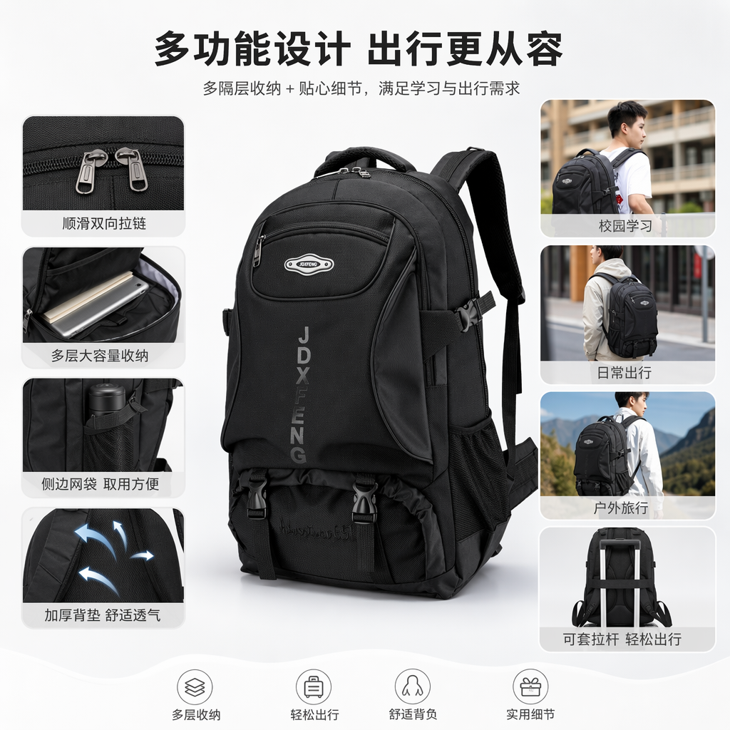 Black large-capacity outdoor hiking bag, suitable for both men and women, wear-resistant and waterproof travel backpack