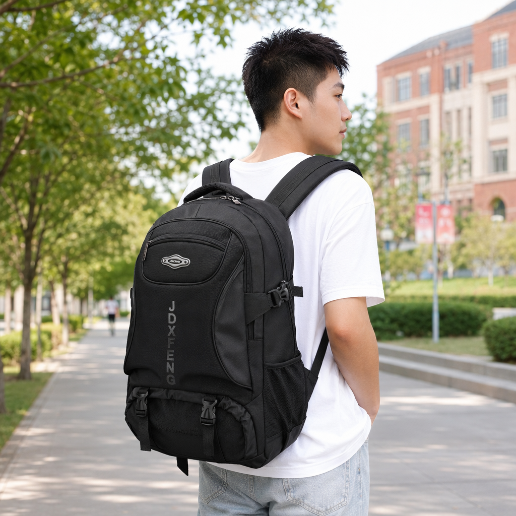 Black large-capacity outdoor hiking bag, suitable for both men and women, wear-resistant and waterproof travel backpack details Picture