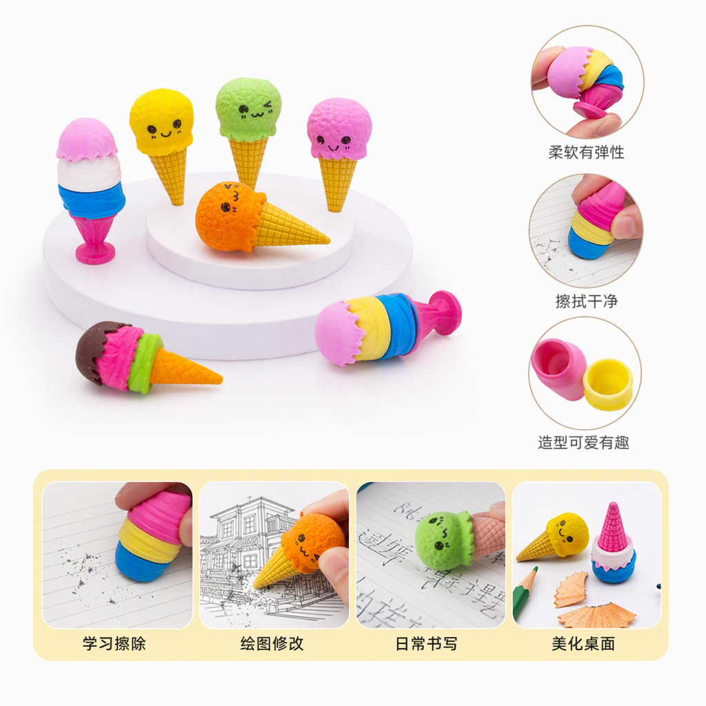 彩色冰淇淋造型橡皮擦学生文具创意可爱擦字干净不留痕