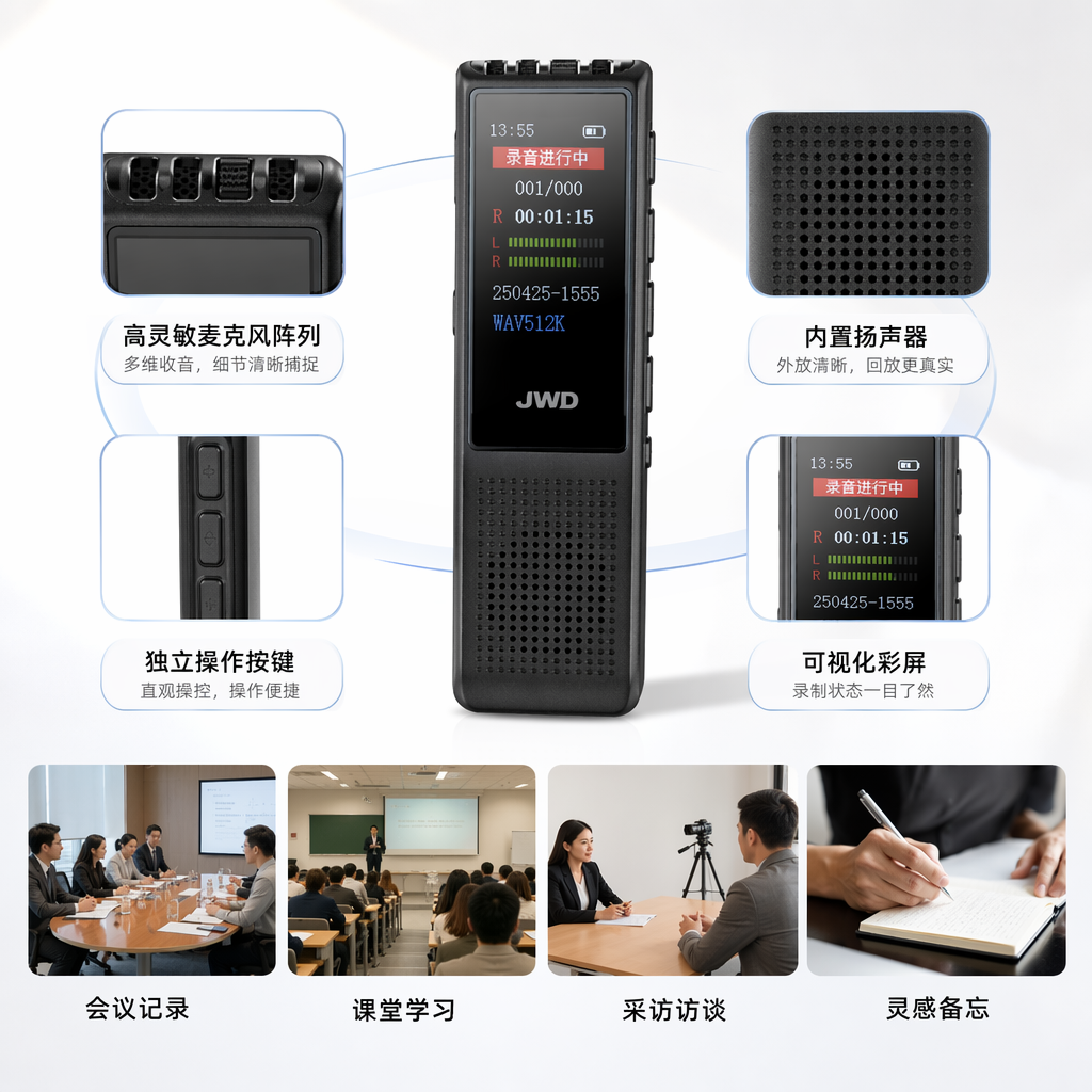 黑色高清录音笔 便携式数码录音器 长时间续航 支持降噪播放