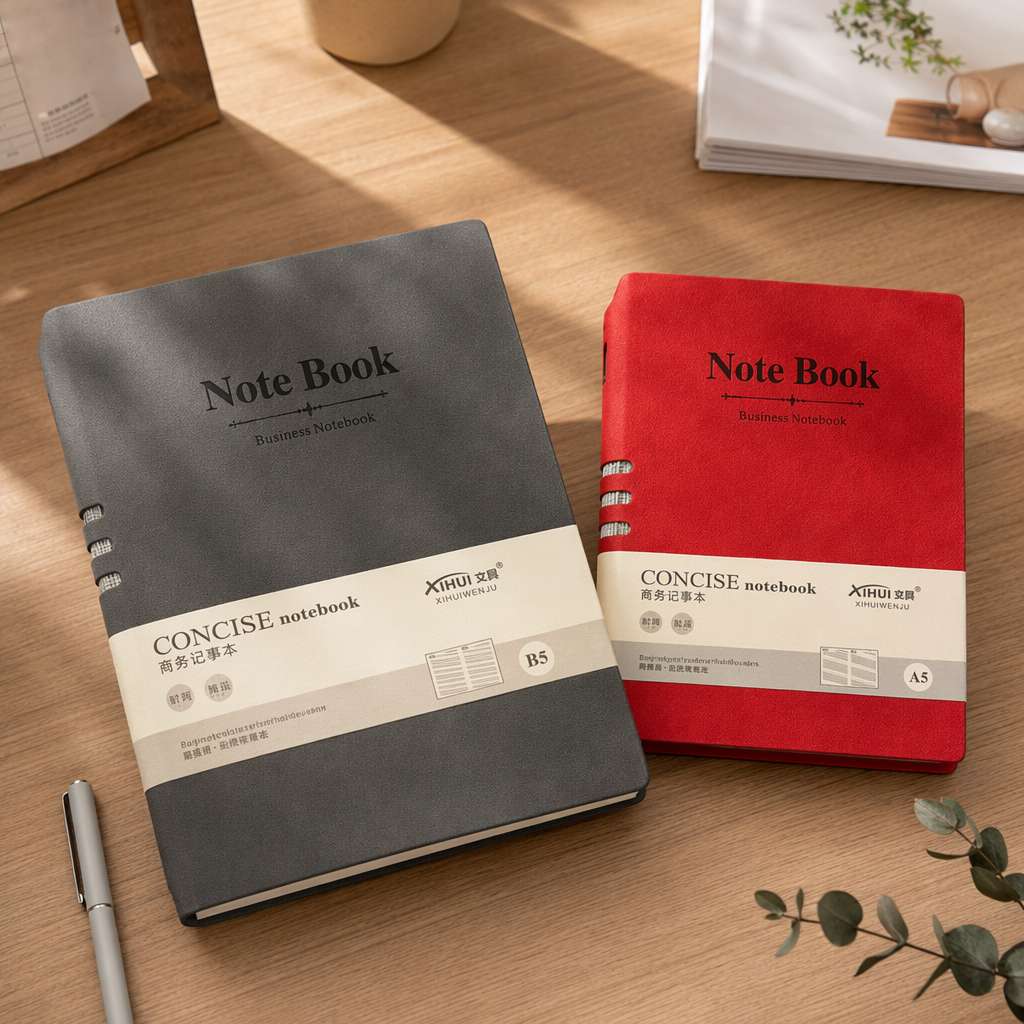 A simple leather notebook with a dark grey and red cover details Picture