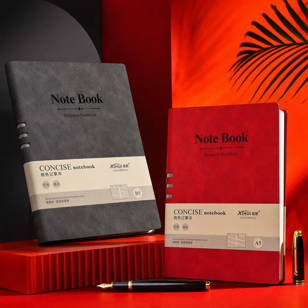 A simple leather notebook with a dark grey and red cover Specification image