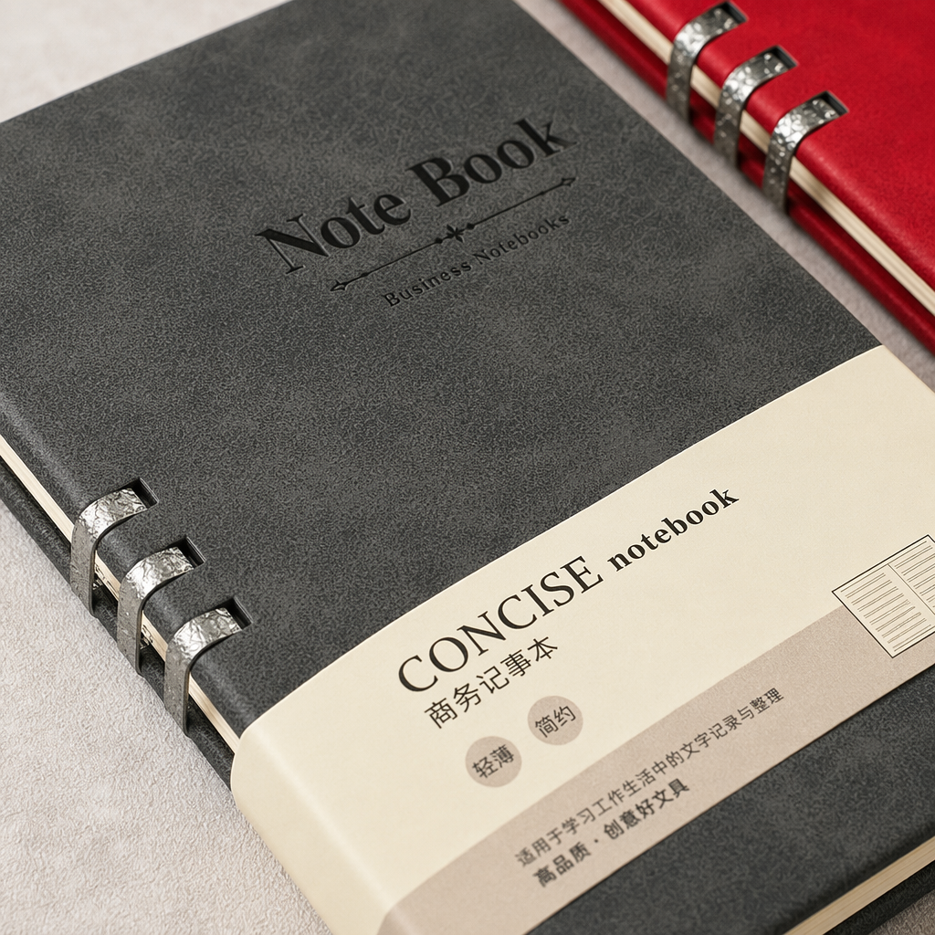 A simple leather notebook with a dark grey and red cover Application Scenario
