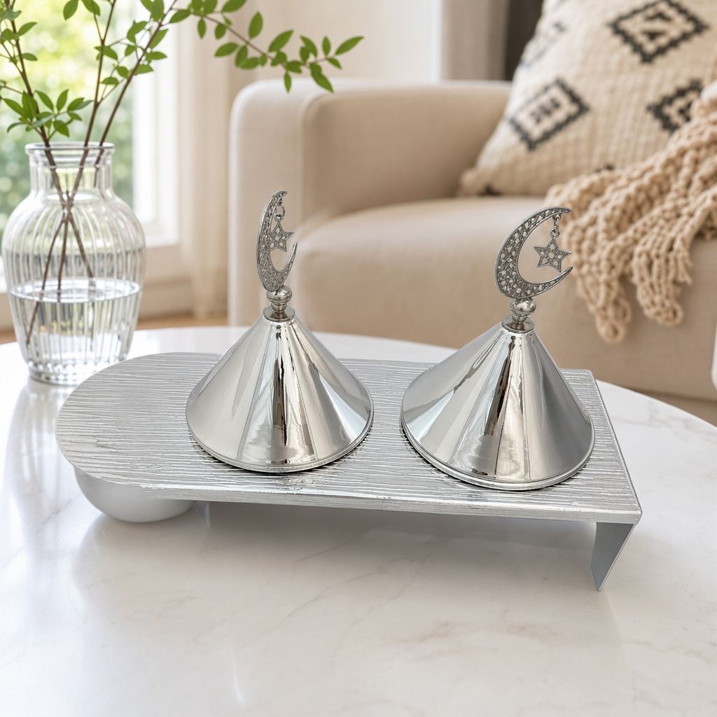 A silver metal double-conical incense burner ornament with a crescent star top decoration details Picture